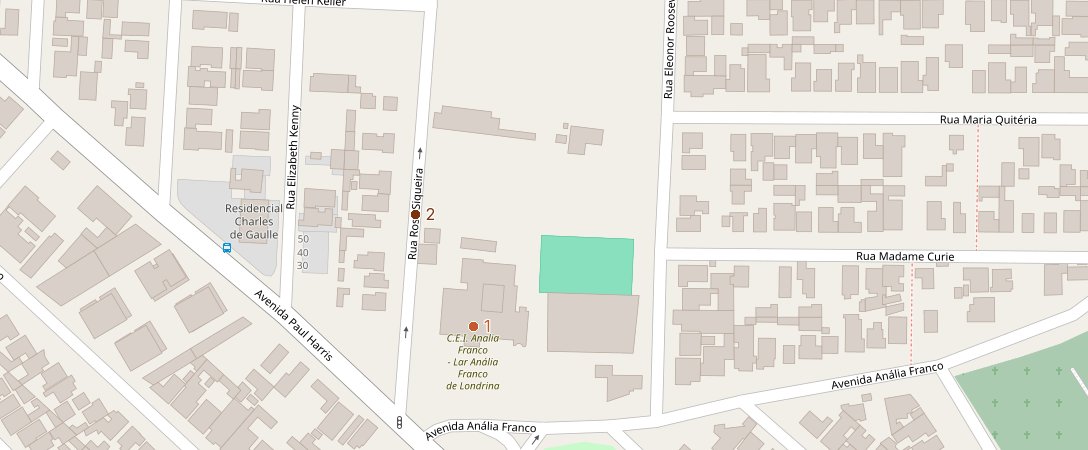 Mapa de ruas do Jardim Aeroporto, em Londrina/PR, com dois alfinetes numerados: 1, a Sede/CEI Anália Franco, na Avenida Anália Franco; 2, o Bazar Beneficente (localização aproximada), na Rua Rosa Siqueira, a poucas quadras de distância
