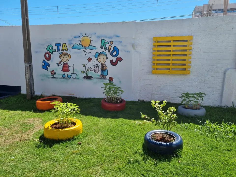 Horta Kids: canteiros feitos com pneus coloridos diante de um muro com desenho de crianças plantando